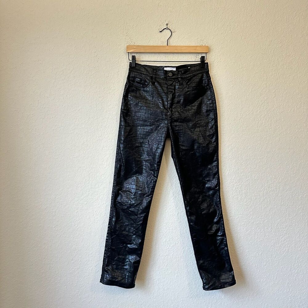 FRAME DENIM Hi-Rise Le Sylvie Slender Straight Jean in Coated Noir Croc